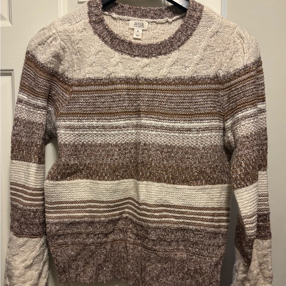 a.n.a Two-Tone Crewneck Sweater - Cream and Brown Trim